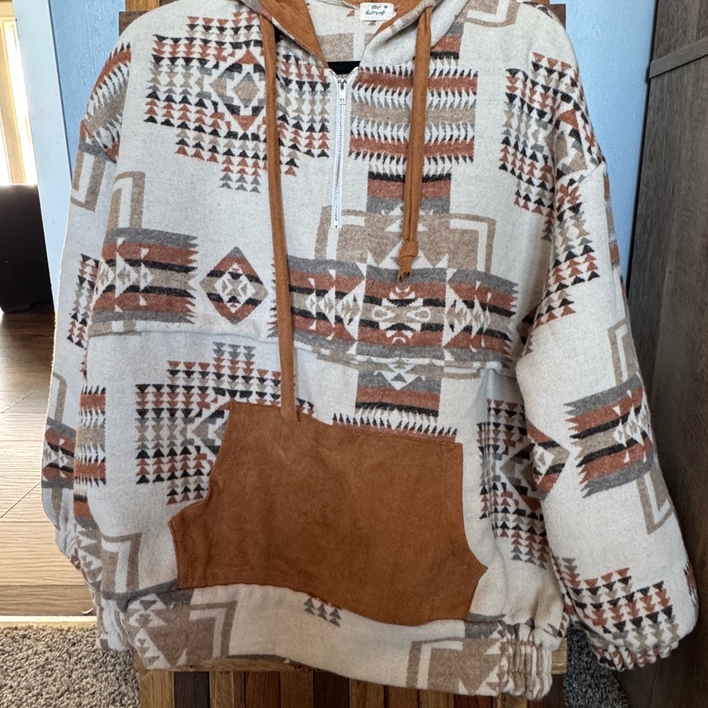 Geometric Cream and Brown Hooded Sweatshirt